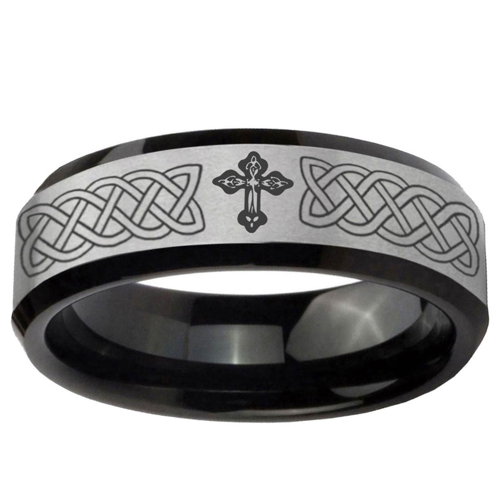 5mm Celtic Cross Two-Tone Beveled Gray Black Tungsten Wedding Ring
