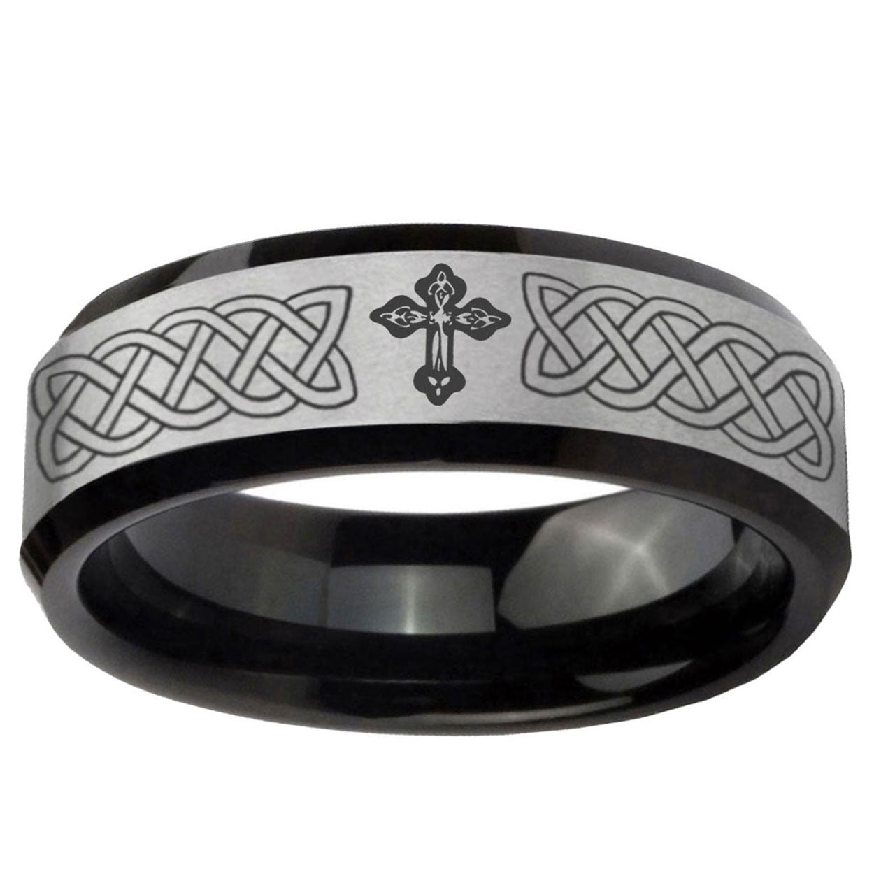 5mm Celtic Cross Two-Tone Beveled Gray Black Tungsten Wedding Ring