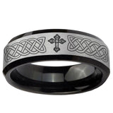 10mm Celtic Cross Beveled Brushed Silver Black Tungsten Men's Wedding Band