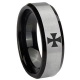 10mm Maltese Cross Beveled Edges Brushed Silver Black Tungsten Engraved Ring