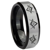 8mm Master Mason Masonic Beveled Brush Black 2 Tone Tungsten Mens Ring Engraved