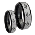 Master Mason Masonic Beveled Brush Black 2 Tone Tungsten Bridal Set Rings