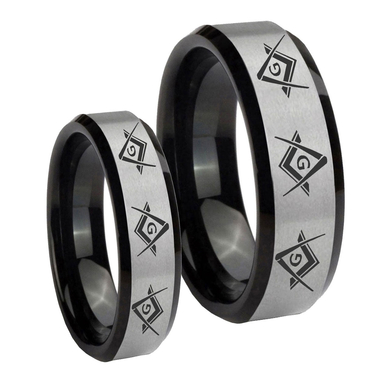 Master Mason Masonic Beveled Brush Black 2 Tone Tungsten Bridal Set Rings
