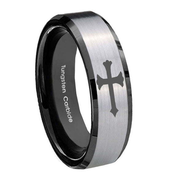 8mm-Christian-Cross-Beveled-Brush-Black-2-Tone-Tungsten-Mens-Engagement-Ring