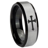 8mm Christian Cross Beveled Brush Black 2 Tone Tungsten Mens Engagement Ring