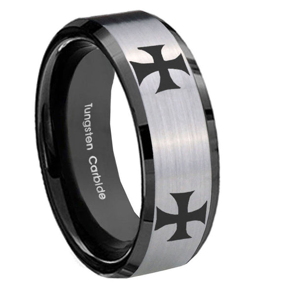 10mm-4-Maltese-Cross-Beveled-Brushed-Silver-Black-Tungsten-Mens-Ring-Engraved