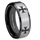10mm-4-Maltese-Cross-Beveled-Brushed-Silver-Black-Tungsten-Mens-Ring-Engraved