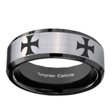 10mm-4-Maltese-Cross-Beveled-Brushed-Silver-Black-Tungsten-Mens-Ring-Engraved