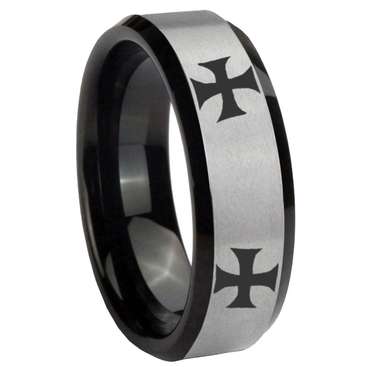 10mm 4 Maltese Cross Beveled Brushed Silver Black Tungsten Mens Ring Engraved