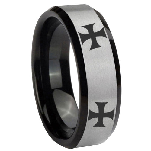 10mm 4 Maltese Cross Beveled Brushed Silver Black Tungsten Mens Ring Engraved