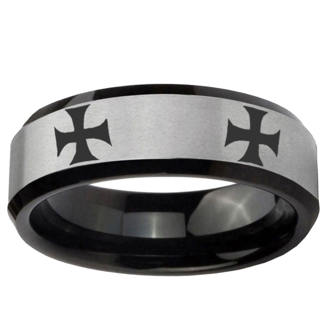 10mm 4 Maltese Cross Beveled Brushed Silver Black Tungsten Ring