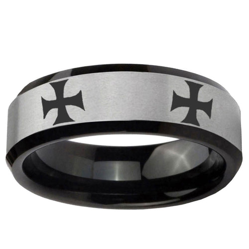 10mm 4 Maltese Cross Beveled Brushed Silver Black Tungsten Ring