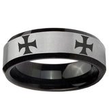 10mm 4 Maltese Cross Beveled Brushed Silver Black Tungsten Ring