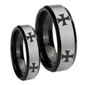 4 Maltese Cross Beveled Brush Black 2 Tone Tungsten Promise Ring Set