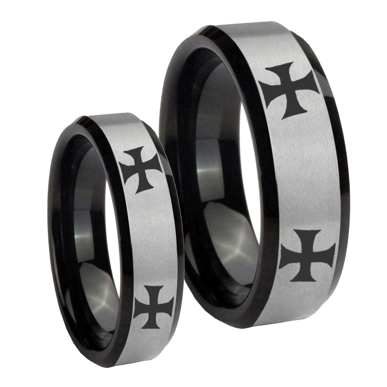 4 Maltese Cross Beveled Brush Black 2 Tone Tungsten Promise Ring Set
