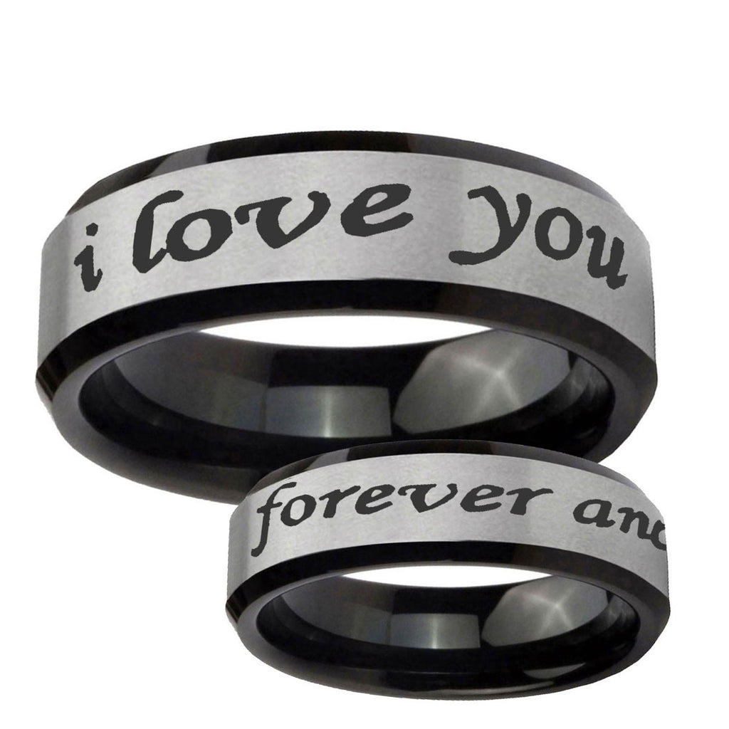 10mm I Love You Forever and ever Beveled Brushed Silver Black Tungsten Mens Ring