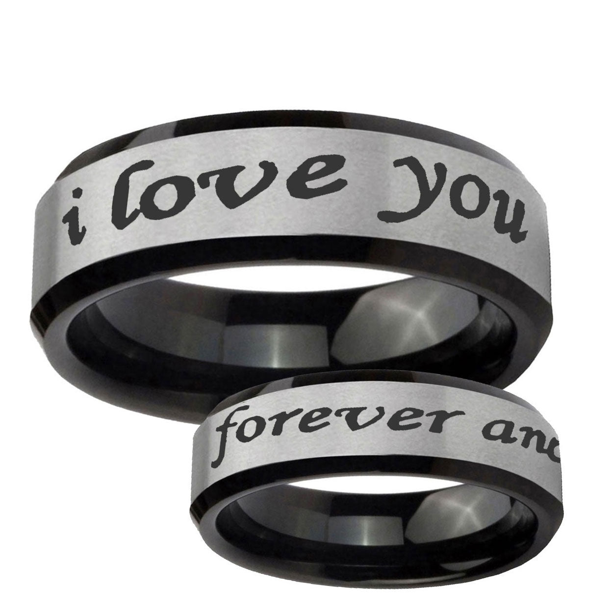 10mm I Love You Forever and ever Beveled Brushed Silver Black Tungsten Mens Ring
