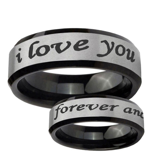 10mm I Love You Forever and ever Beveled Brushed Silver Black Tungsten Mens Ring