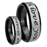 His Hers I Love You Forever and ever Beveled Brush Black 2 Tone Tungsten Ring Set