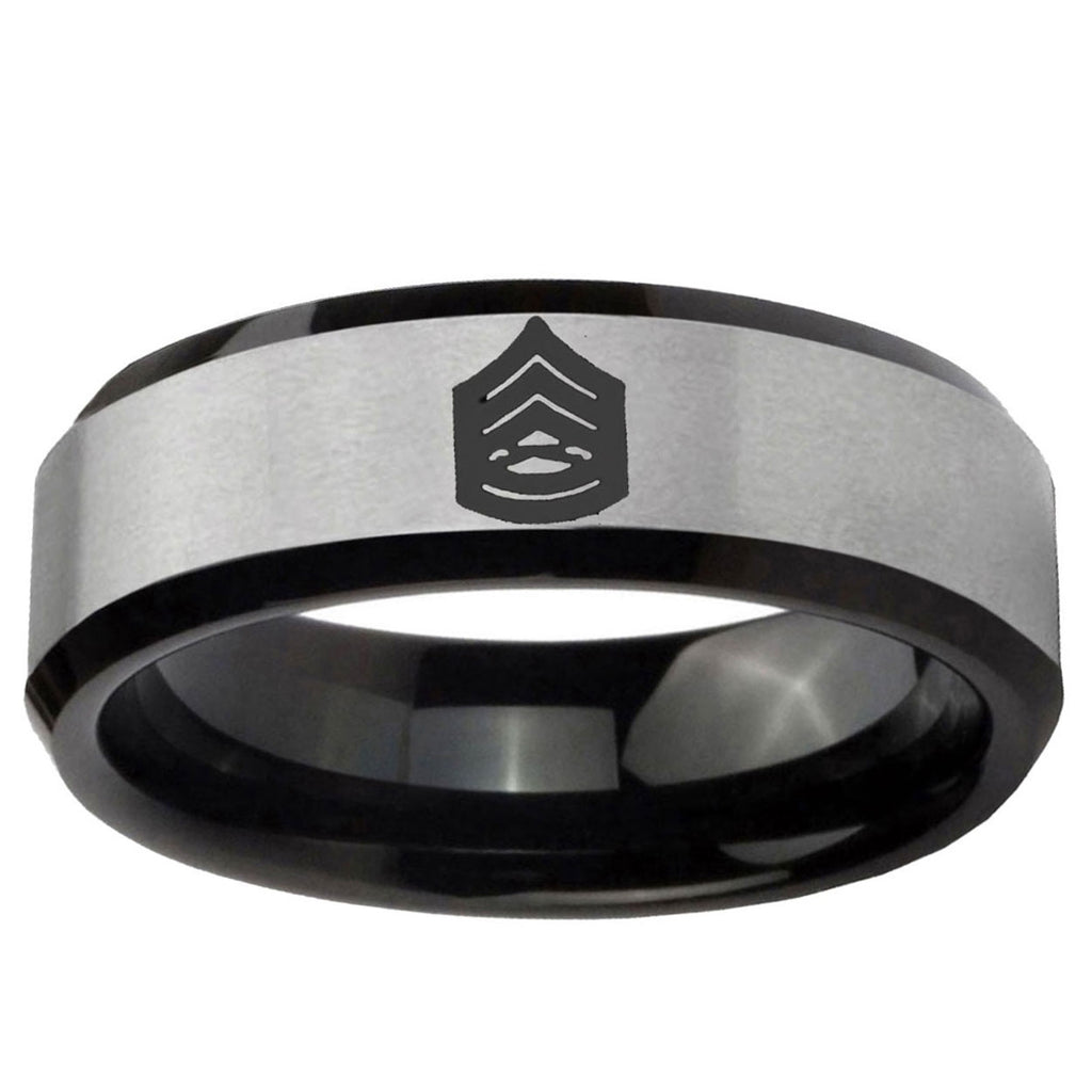 10mm Army Sergeant Major Beveled Brushed Silver Black Tungsten Ring