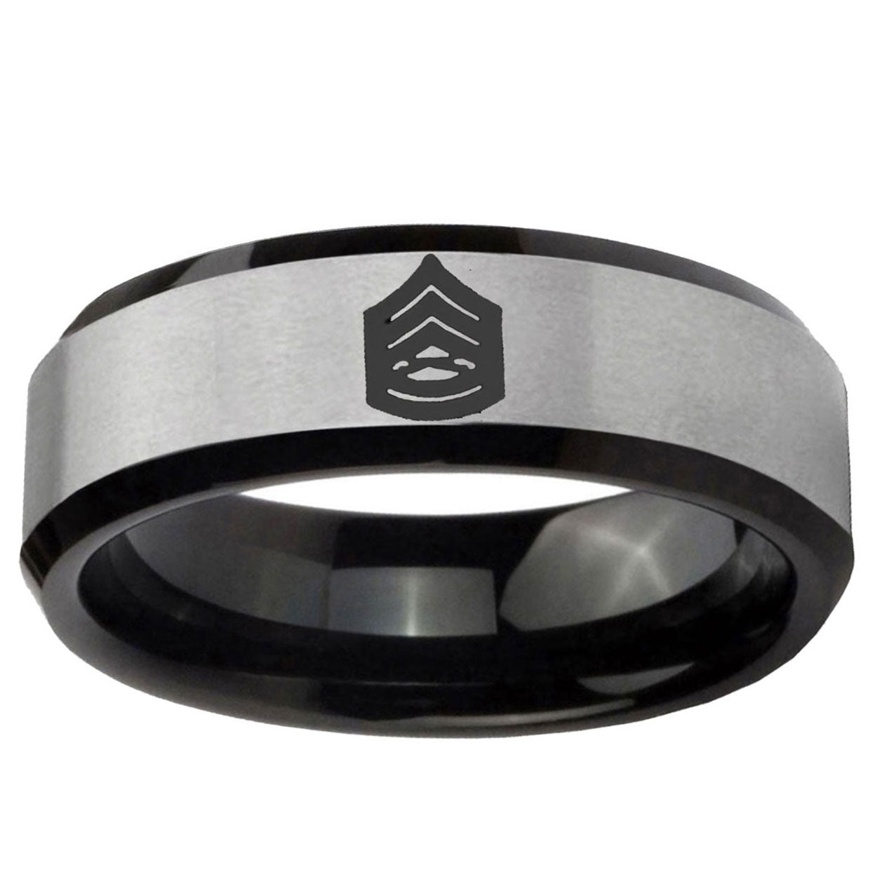 10mm Army Sergeant Major Beveled Brushed Silver Black Tungsten Ring