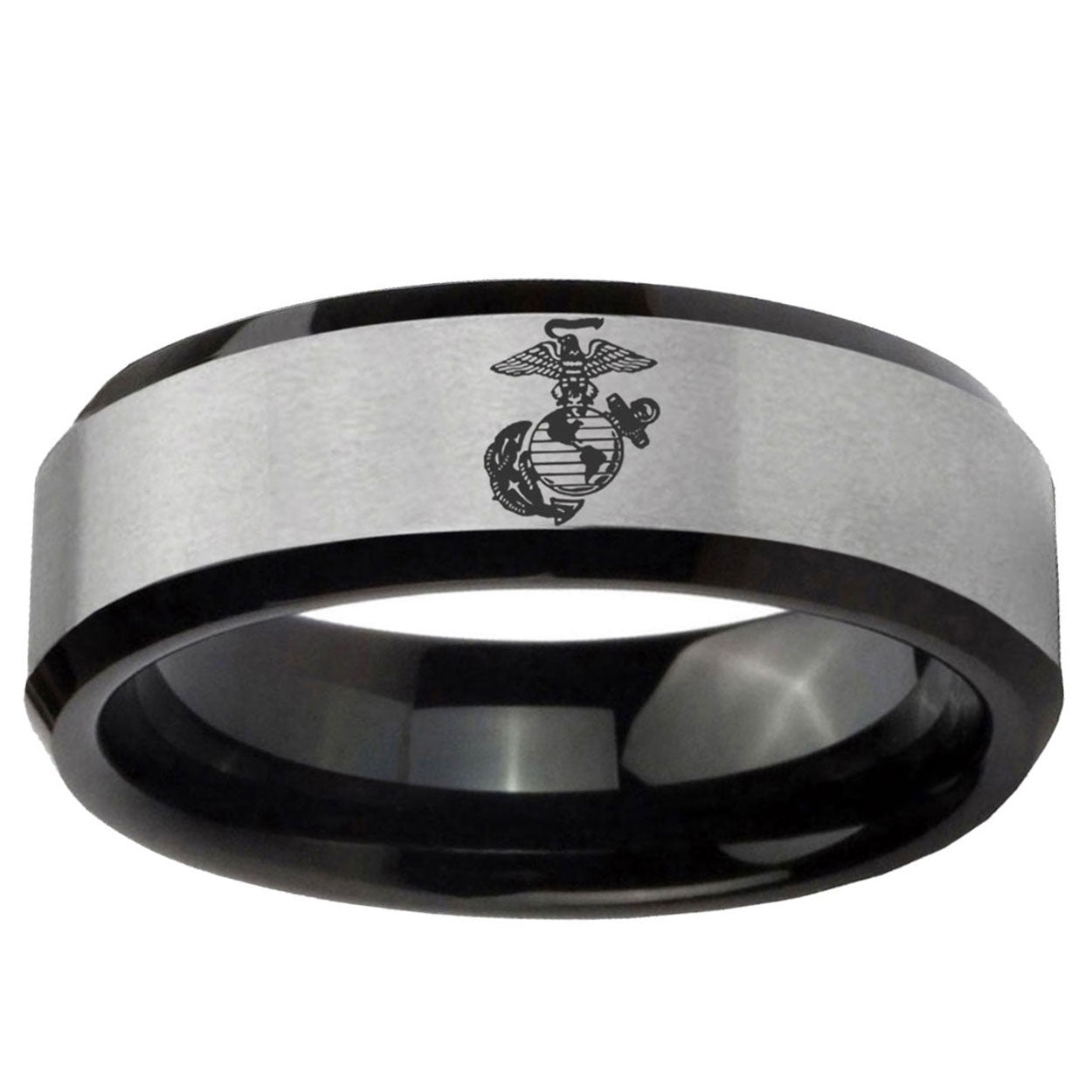 5mm USMC Marine Two-Tone Beveled Gray Black Tungsten Wedding Ring