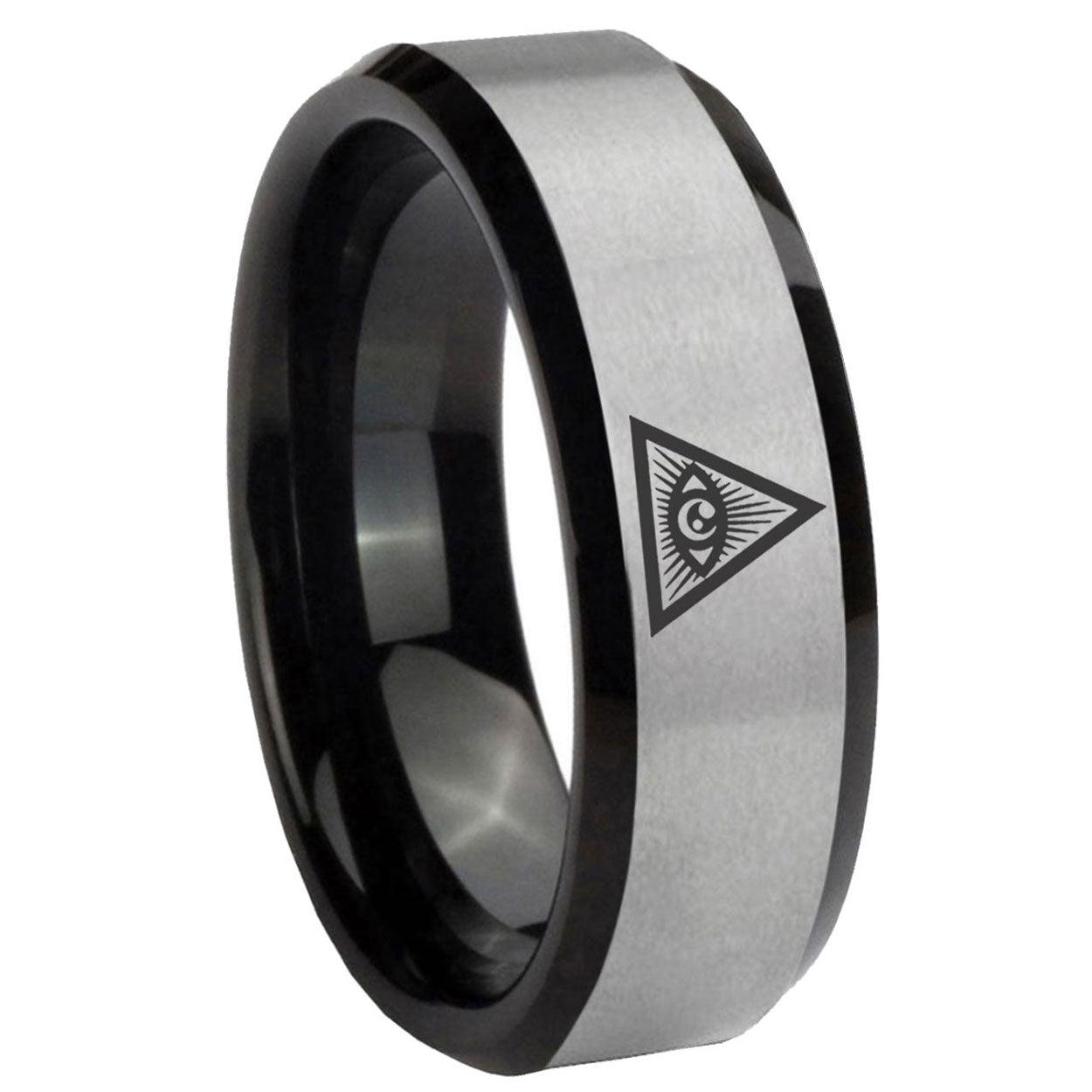 8mm Seeing Eye Two-Tone Beveled Gray Black Tungsten Wedding Ring