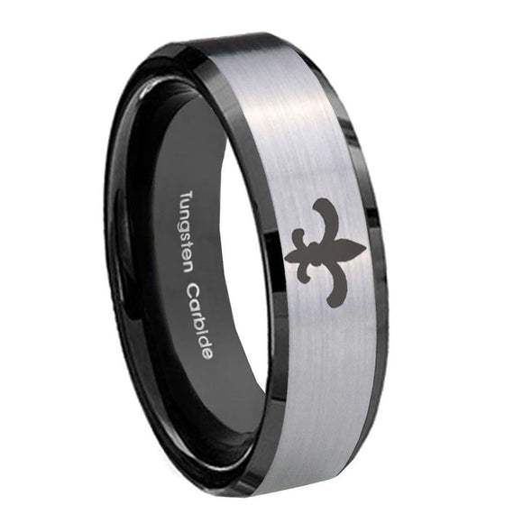 10mm-Fleur-De-Lis-Beveled-Brushed-Silver-Black-Tungsten-Mens-Ring-Personalized