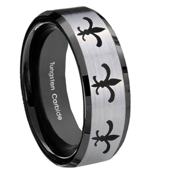 10mm-Multiple-Fleur-De-Lis-Beveled-Brushed-Silver-Black-Tungsten-Bands-Ring