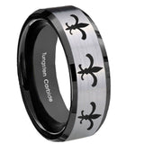 10mm-Multiple-Fleur-De-Lis-Beveled-Brushed-Silver-Black-Tungsten-Bands-Ring
