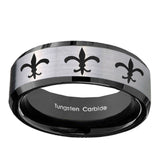 10mm-Multiple-Fleur-De-Lis-Beveled-Brushed-Silver-Black-Tungsten-Bands-Ring