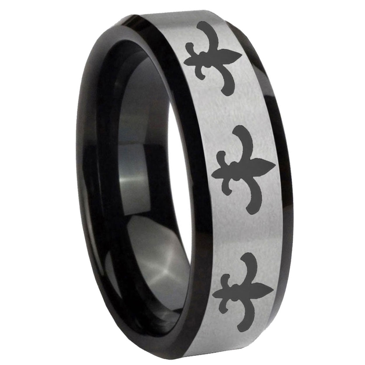 8mm Multi Fleur-De-Lis Two-Tone Beveled Gray Black Tungsten Wedding Ring