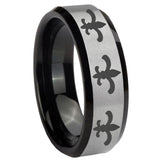 10mm Multiple Fleur Delis Beveled Brushed Silver Black Tungsten Bands Ring
