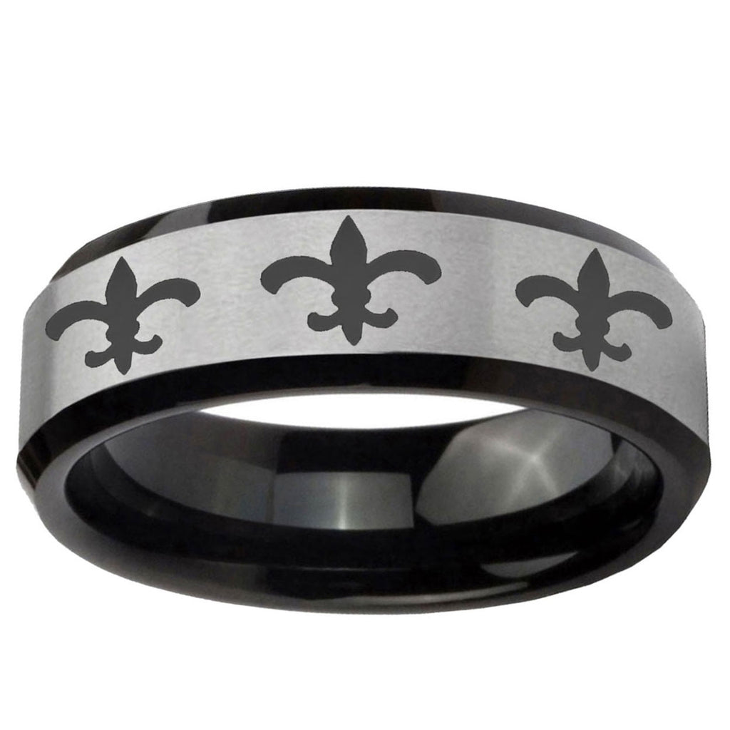 5mm Multi Fleur-De-Lis Two-Tone Beveled Gray Black Tungsten Wedding Ring