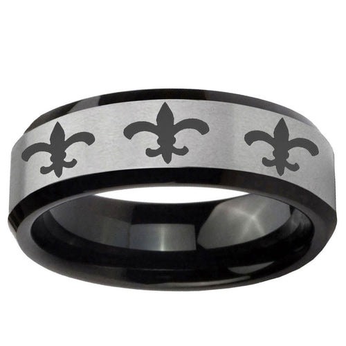 10mm Multiple Fleur-De-Lis Beveled Brushed Silver Black Tungsten Bands Ring
