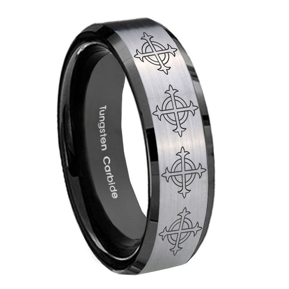10mm-Multiple-Crosses-Beveled-Brushed-Silver-Black-Tungsten-Wedding-Band-Ring
