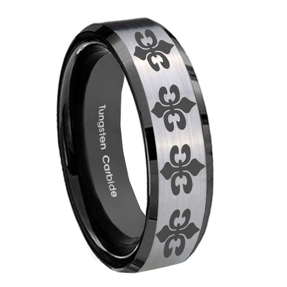 8mm-Multiple-Fleur-De-Lis-Beveled-Brush-Black-2-Tone-Tungsten-Engagement-Ring