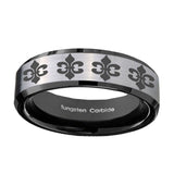 10mm-Multiple-Fleur-De-Lis-Beveled-Brushed-Silver-Black-Tungsten-Engraved-Ring