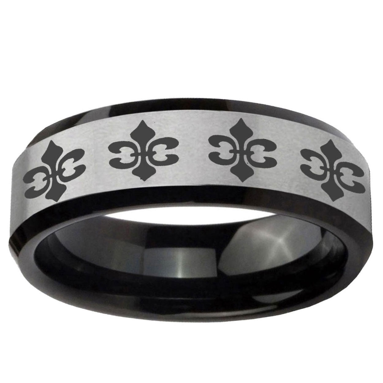 5mm Multi Fleur Delis Two-Tone Beveled Gray Black Tungsten Wedding Ring