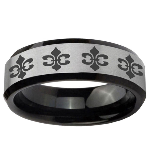 10mm Multiple Fleur-De-Lis Beveled Brushed Silver Black Tungsten Engraved Ring
