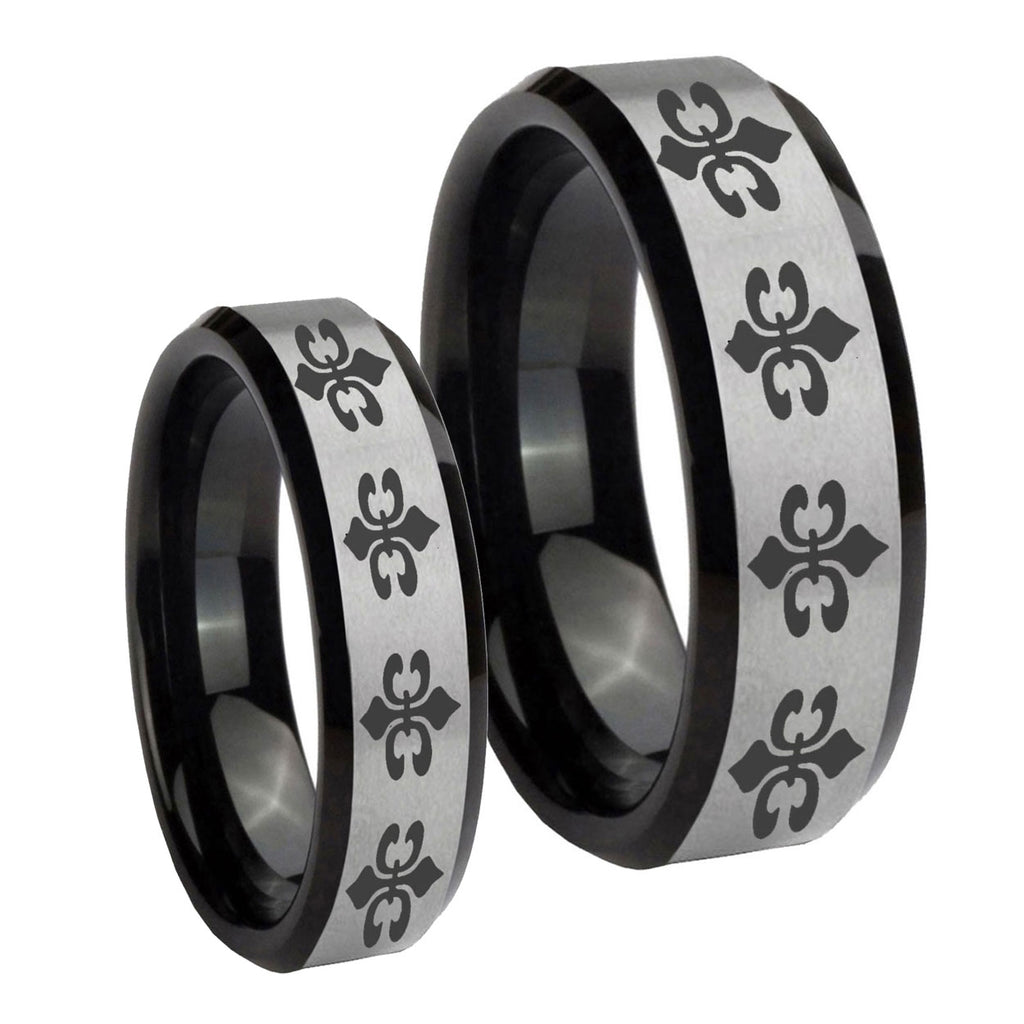 Multiple Fleur De Lis Beveled Brush Black 2 Tone Tungsten Mens Ring Set