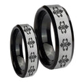 Multiple Fleur De Lis Beveled Brush Black 2 Tone Tungsten Mens Ring Set