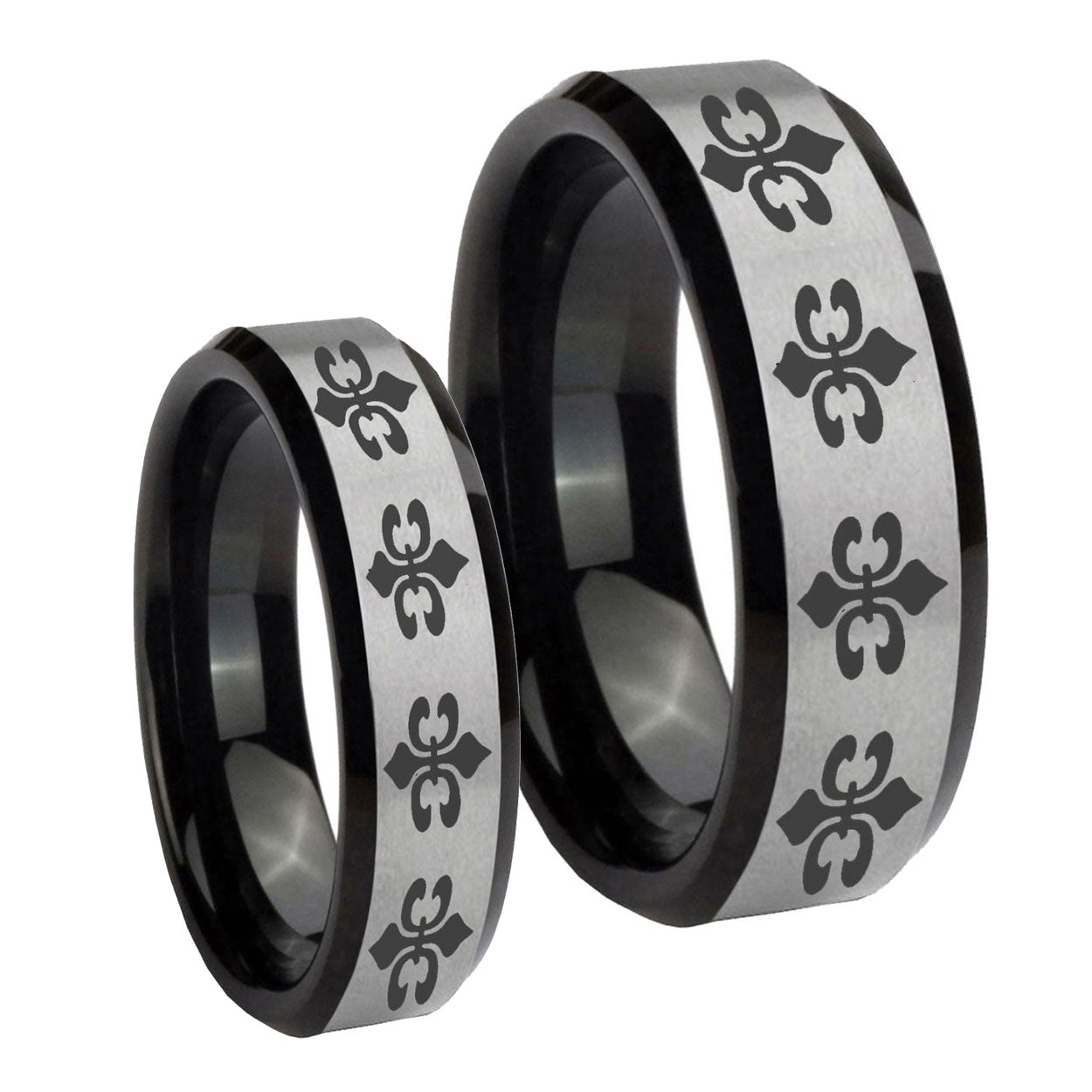 Multiple Fleur De Lis Beveled Brush Black 2 Tone Tungsten Mens Ring Set