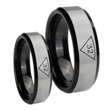 His Hers Masonic 32 Triangle Freemason Beveled Edges Brush Black 2 Tone Tungsten Mens Ring Set