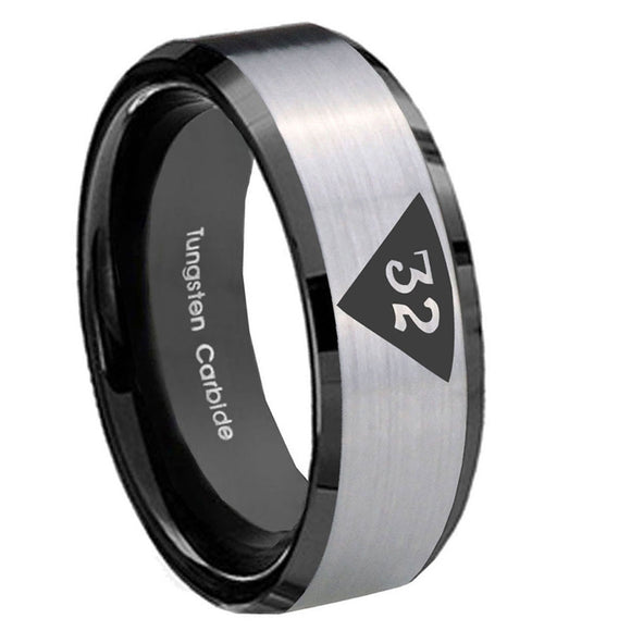 10mm-Masonic-32-Triangle-Design-Freemason-Beveled-Edges-Brushed-Silver-Black-Tungsten-Mens-Engagement-Band