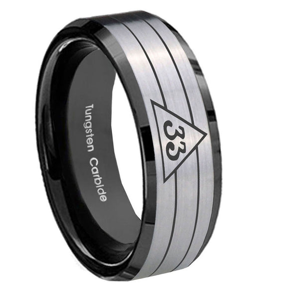 10mm-Masonic-32-Duo-Line-Freemason-Beveled-Edges-Brushed-Silver-Black-Tungsten-Mens-Engagement-Band