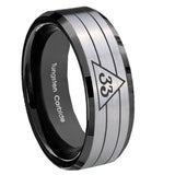 10mm-Masonic-32-Duo-Line-Freemason-Beveled-Edges-Brushed-Silver-Black-Tungsten-Mens-Engagement-Band