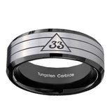 10mm-Masonic-32-Duo-Line-Freemason-Beveled-Edges-Brushed-Silver-Black-Tungsten-Mens-Engagement-Band