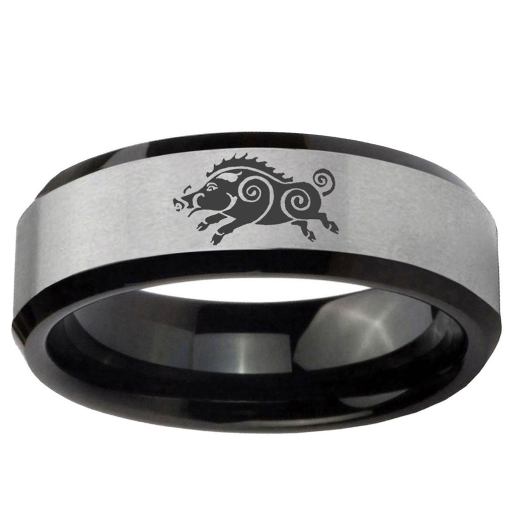 5mm Wild Boar Two-Tone Beveled Gray Black Tungsten Wedding Ring