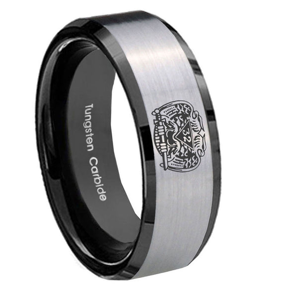 10mm-Masonic-32-Degree-Freemason-Beveled-Edges-Brushed-Silver-Black-Tungsten-Mens-Engagement-Band